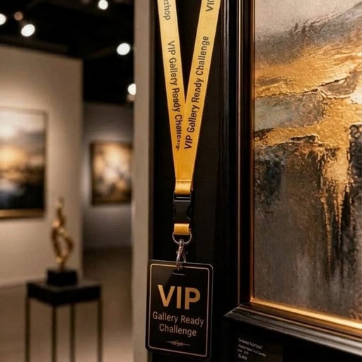 VIP Gallery Ready Challenge pass hanging beside a framed painting in a gallery