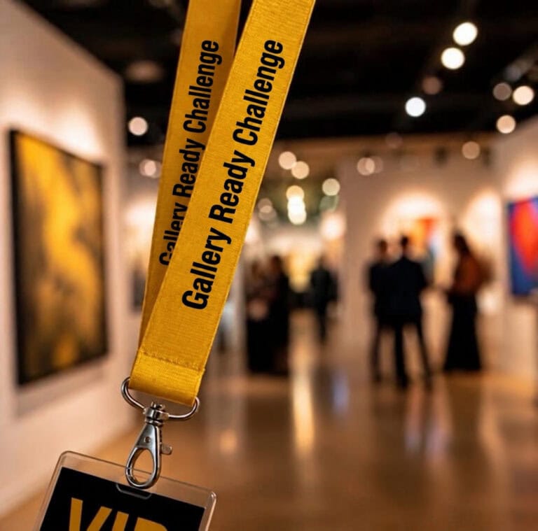 Gold VIP lanyard for the Gallery Ready Challenge in an art gallery